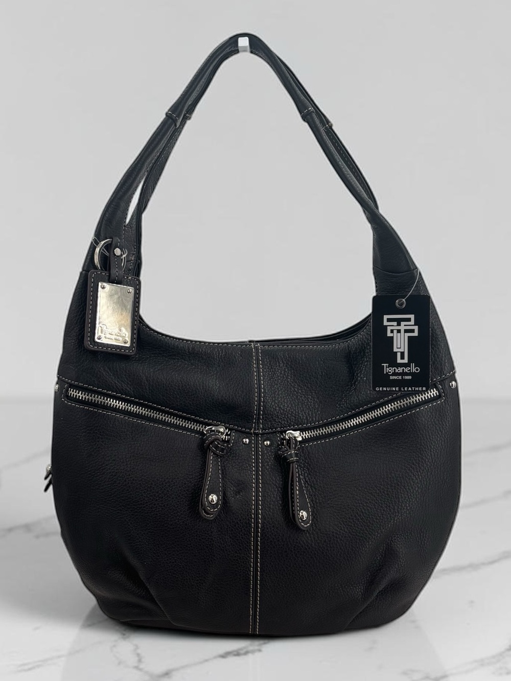 Tignanello Black Genuine Pebbled Leather Hobo Shoulder Bag NWT Y2K Vintage